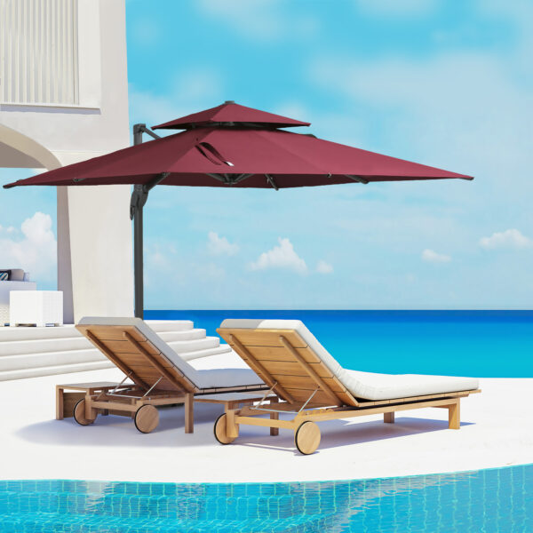 10ft Offset Patio Umbrella, Hanging Cantilever Umbrella, Square Shape, Aluminum Cross Base, Tilt, 360-Degree Rotation, Red