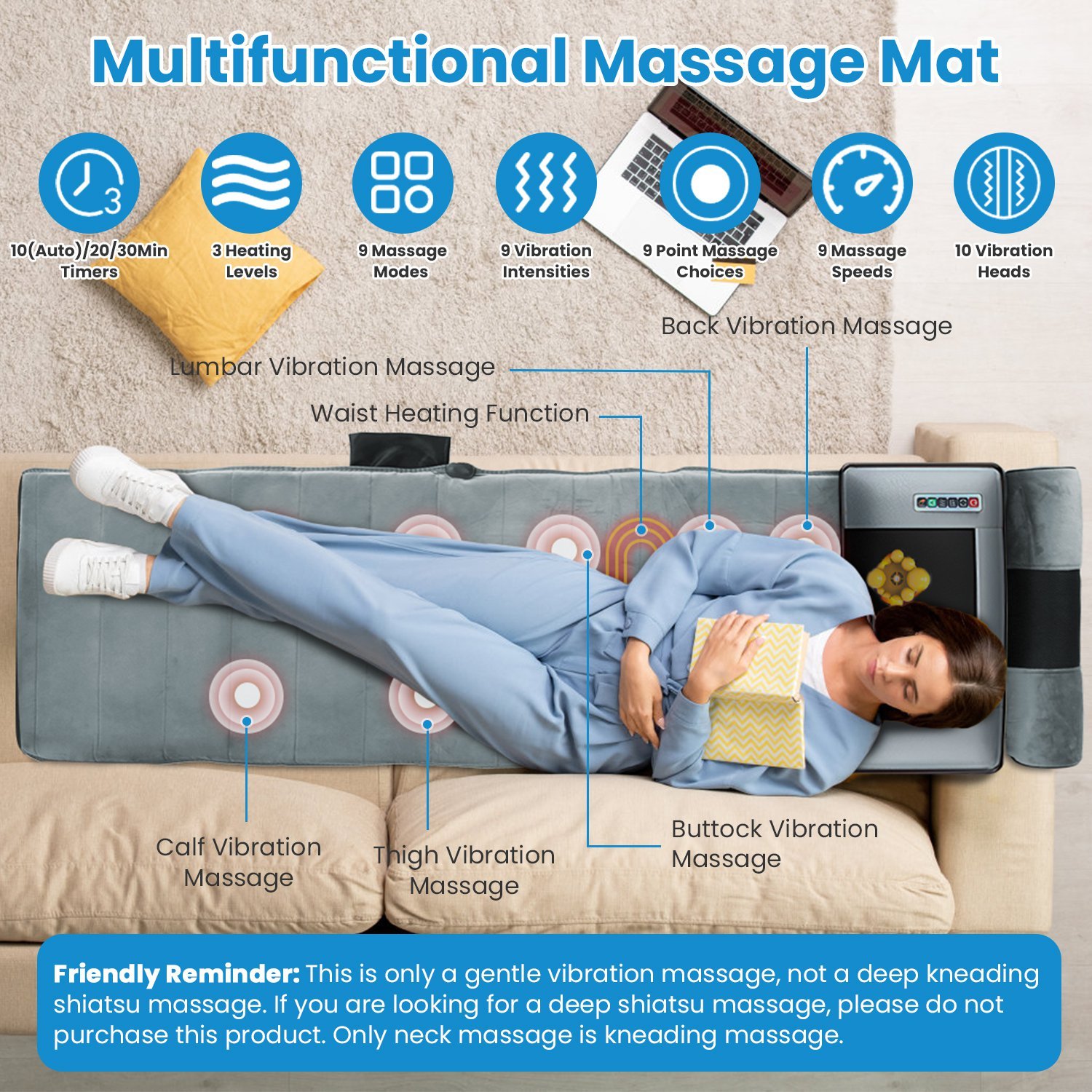 Advanced Version 1 Set Full Body Electric Massage Mat With Neck Foot Massage Head Pillow And Cloth Lumbar Pillow Timer Anti-Slip Bottom Earplugs - Image 6