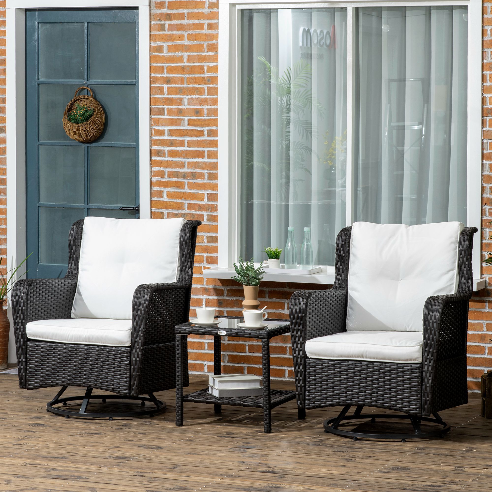 Patio Bistro Set, Porch Furniture with 360° Rotation & Rocking Function, 28.25"x30.75"x36.25", Cream White - Image 5