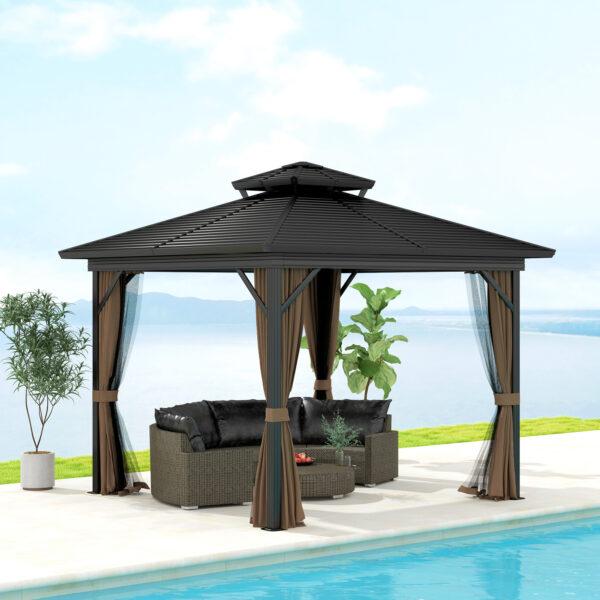 10 x 10 Hardtop Gazebo with Aluminum Frame, Metal Roof Gazebo Canopy w/ Hook, Curtains included, Dark Brown