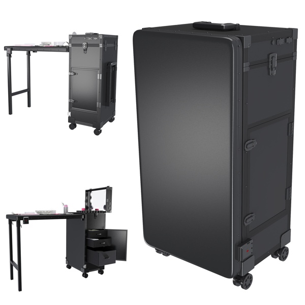 Portable Nail Art Table W/ LED Mirror, Bluetooth, Lockable Drawers, Telescopic Pole - Folding Manicure Station For Salons (Black)