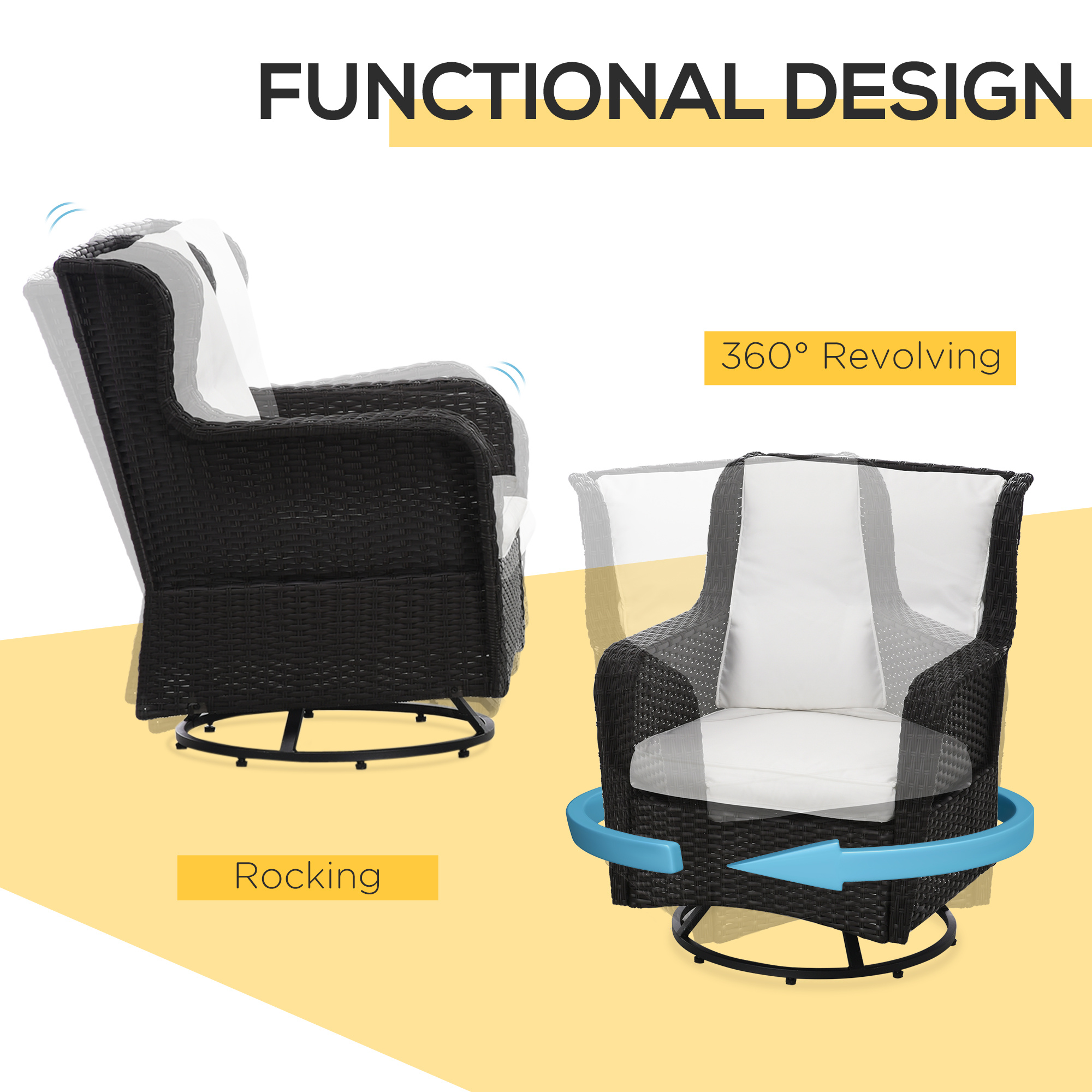 Patio Bistro Set, Porch Furniture with 360° Rotation & Rocking Function, 28.25"x30.75"x36.25", Cream White - Image 8