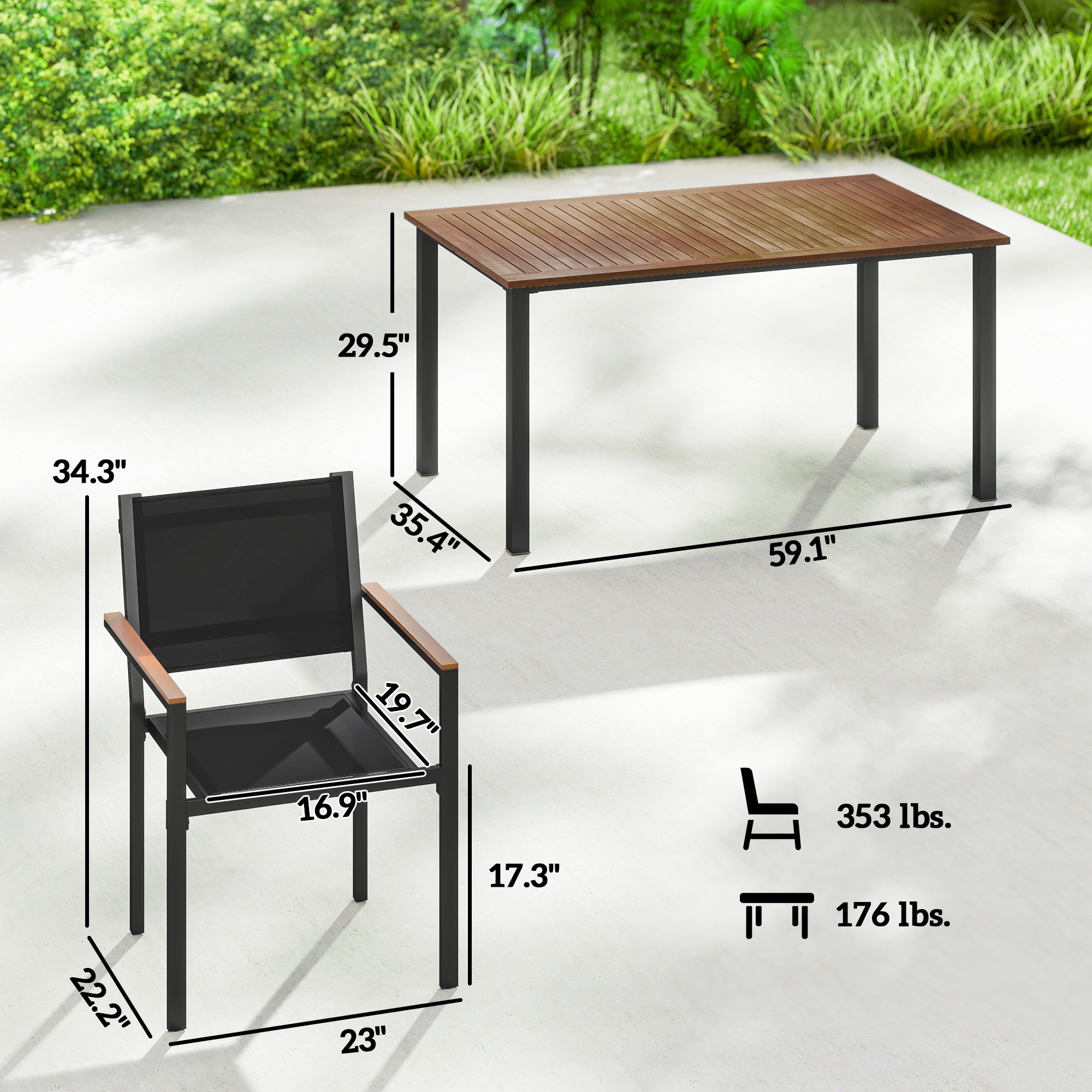 Outdoor Dining Set for 4, Patio Table and Chairs Set with 59" Rectangle Acacia Wood Table and 352 LBS Stackable Chairs - Image 3
