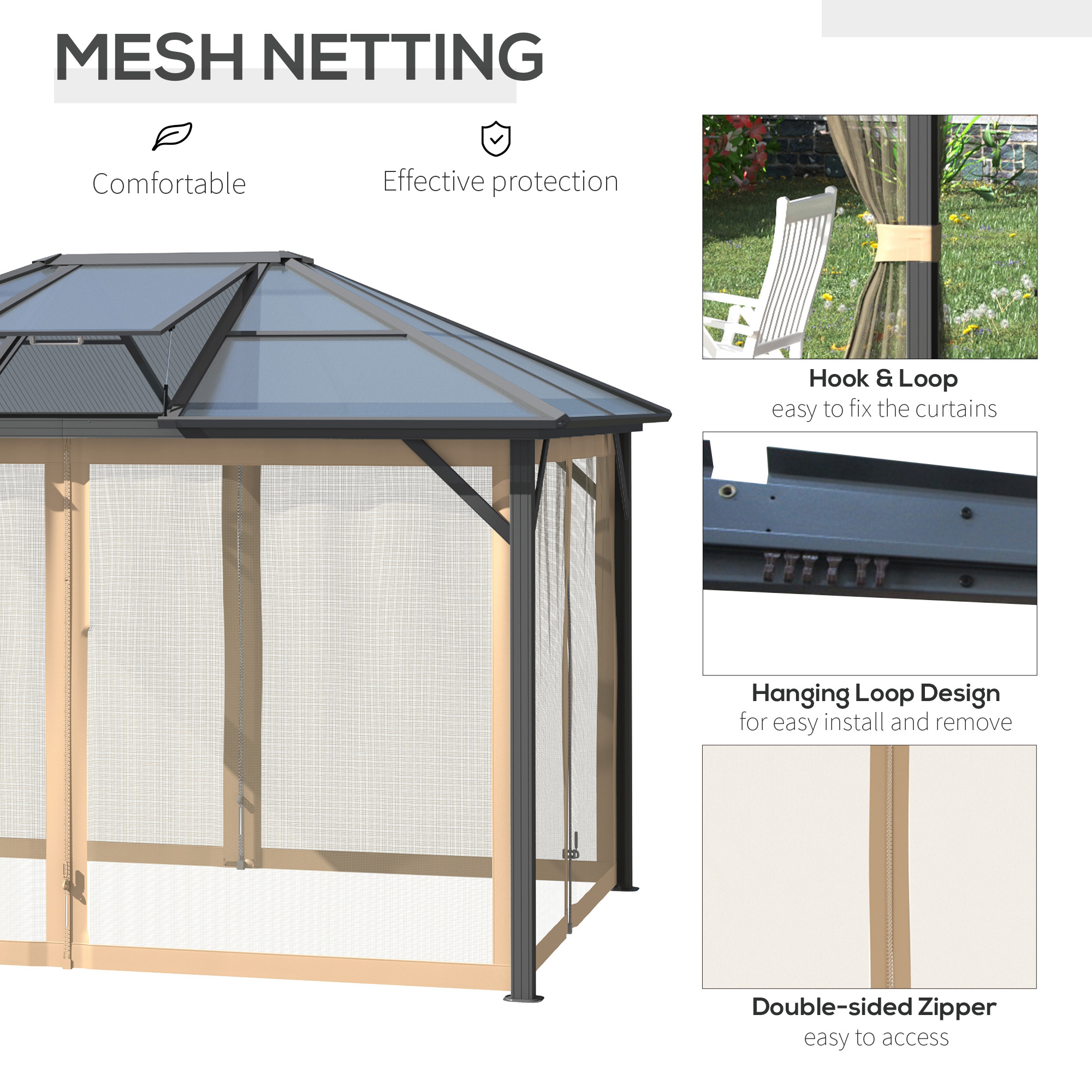 10 x 12 Hardtop Gazebo Canopy with Polycarbonate Roof, Aluminum Frame, Permanent Pavilion Outdoor Gazebo with Netting, for Patio, Garden, Backyard, Deck, Lawn, Gray, Brown - Image 4