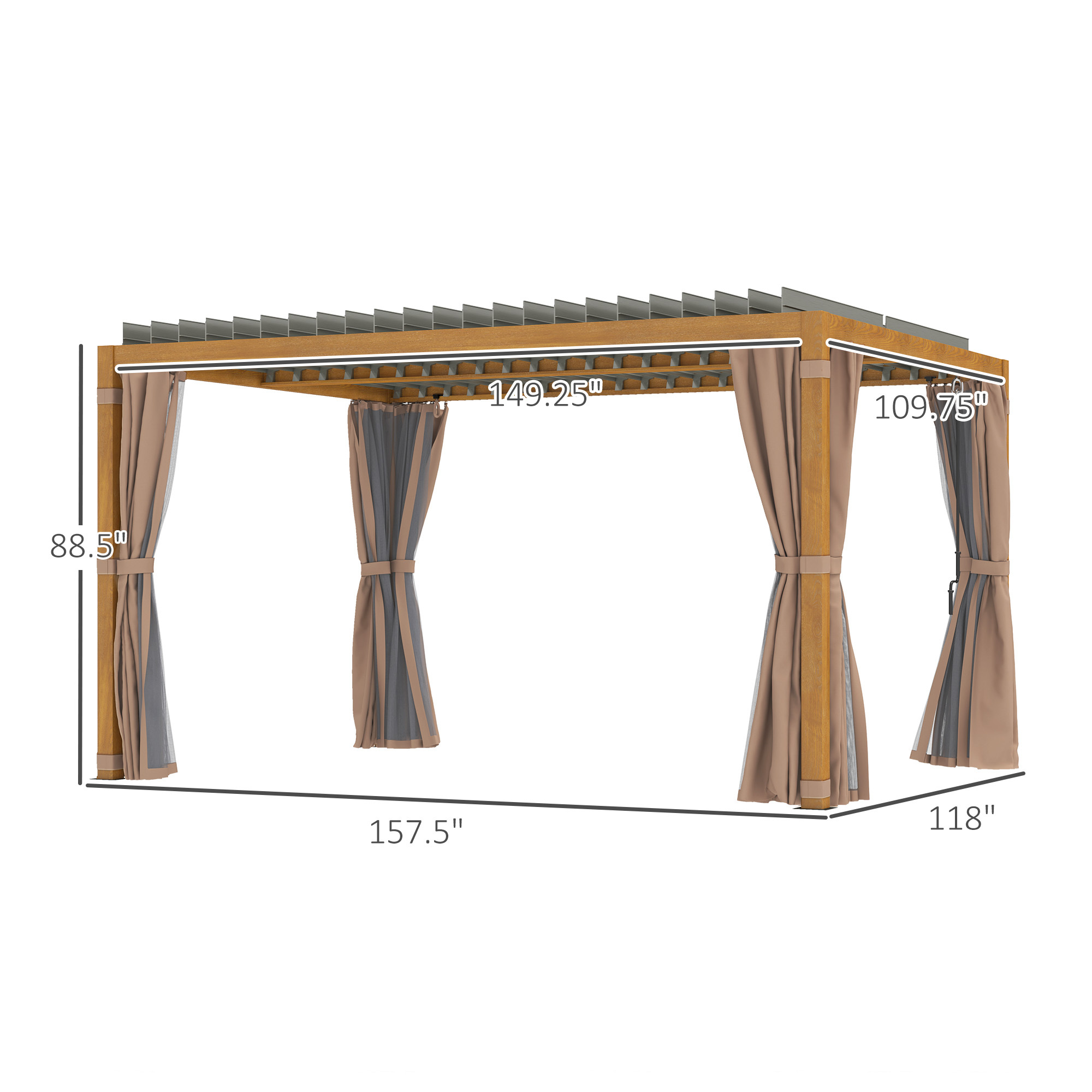 10 x 13 Outdoor Retractable Pergola w/ Sun Shade Louvered Top, Pergola w/ Canopy, Curtains, Netting, Natural Wood - Image 3