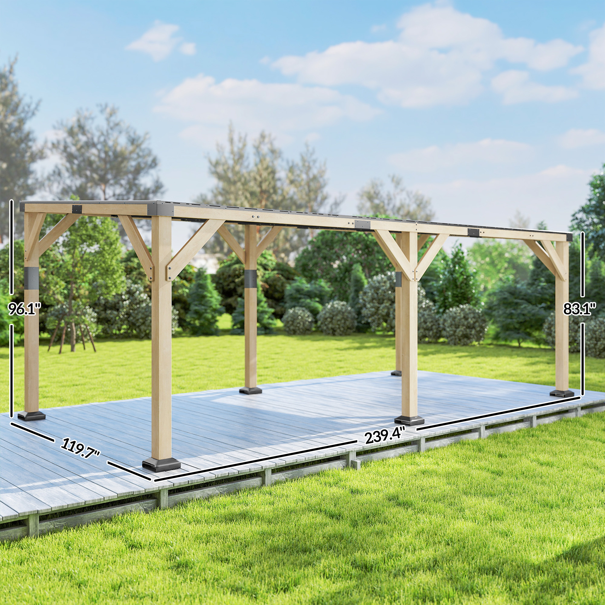 10 x 20 Wooden Gazebo, Hardtop Lean-to Gazebo Pergola with Galvanized Steel Sloped Roof, Light Walnut - Image 2
