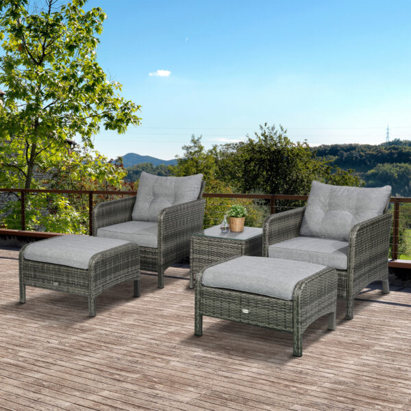 5 Pieces Rattan Wicker Lounge Chair Outdoor Patio Conversation Set with 2 Cushioned Chairs, 2 Ottomans and Tempered Glass Top Coffee Table, Gray/Light Gray