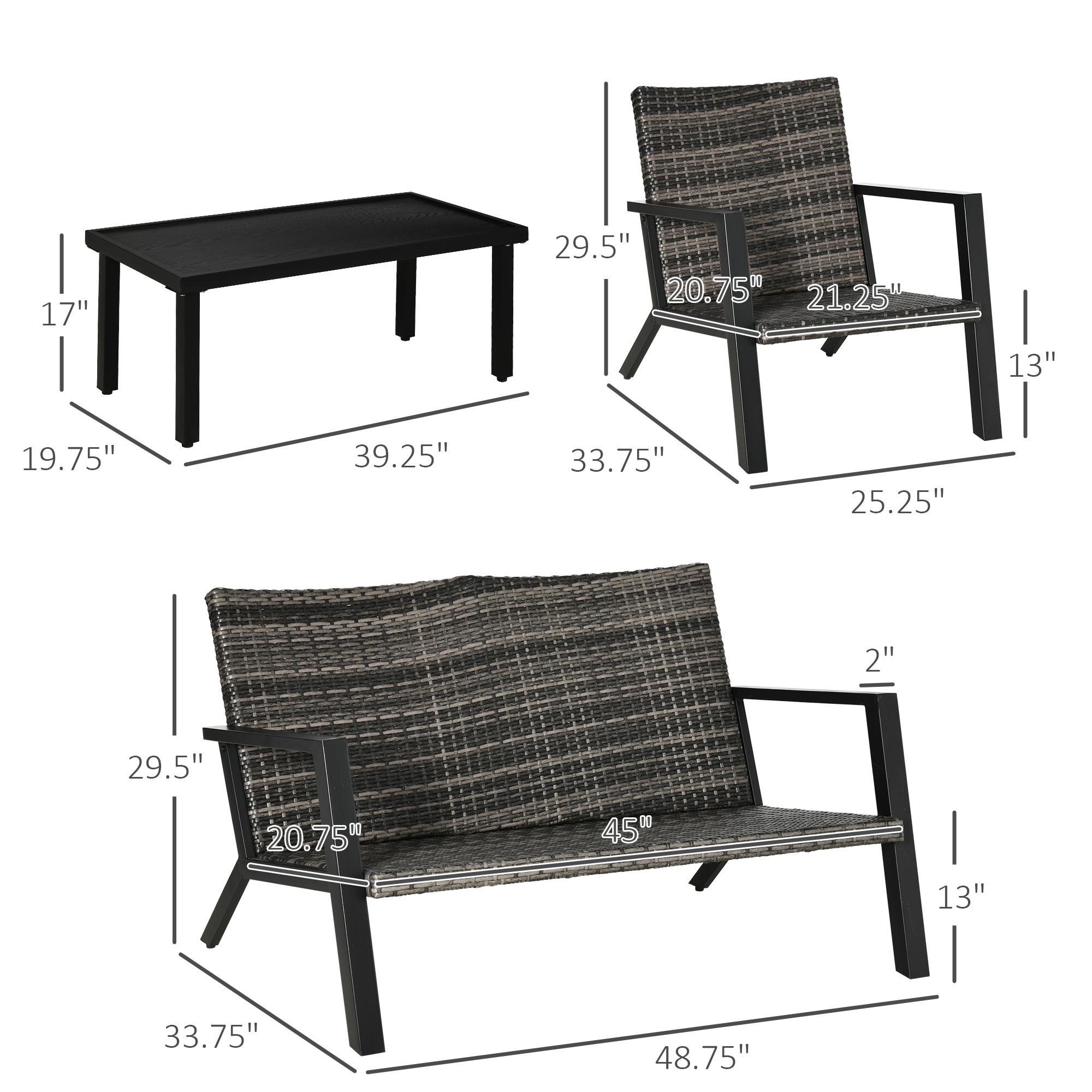 4 Piece Patio Furniture Set, 2 PE Wicker Chairs, Loveseat Sofa, Outdoor Coffee Table, Soft Cushions, Couch & Armchairs for Backyard, Garden, Black - Image 3