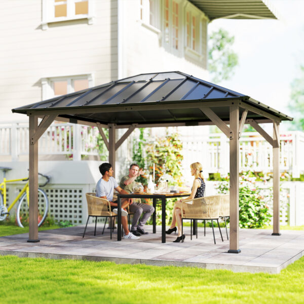 10 x 12 Hardtop Gazebo with Galvanized Steel Roof, UPF50+ Wood Permanent Pavilion with Clear Roof Top, Light Walnut