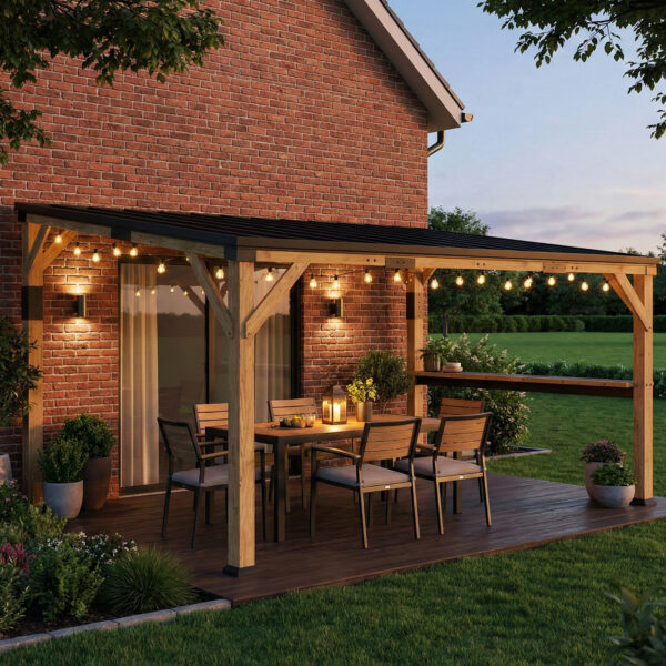 10 x 14 Wooden Gazebo, Hardtop Lean-to Gazebo Pergola with Galvanized Steel Sloped Roof, Bar Shelf, Natural Wood