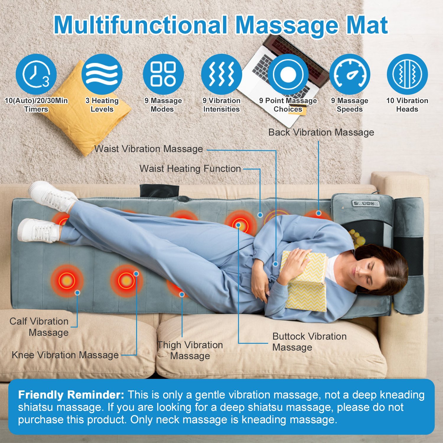 Advanced Version Full Body Electric Massage Mat With Heat Vibration Massage Pad Cushion With Neck Massager Lumbar Pillow With 10 Vibration Motors 3 Timers Anti-Slip Bottom Earplugs - Image 7