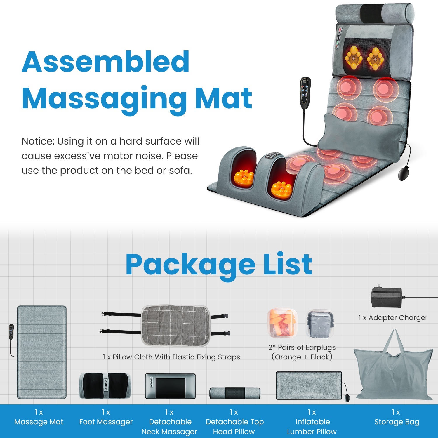 Advanced Version 1 Set Full Body Electric Massage Mat With Neck Foot Massage Head Pillow And Cloth Lumbar Pillow Timer Anti-Slip Bottom Earplugs - Image 3