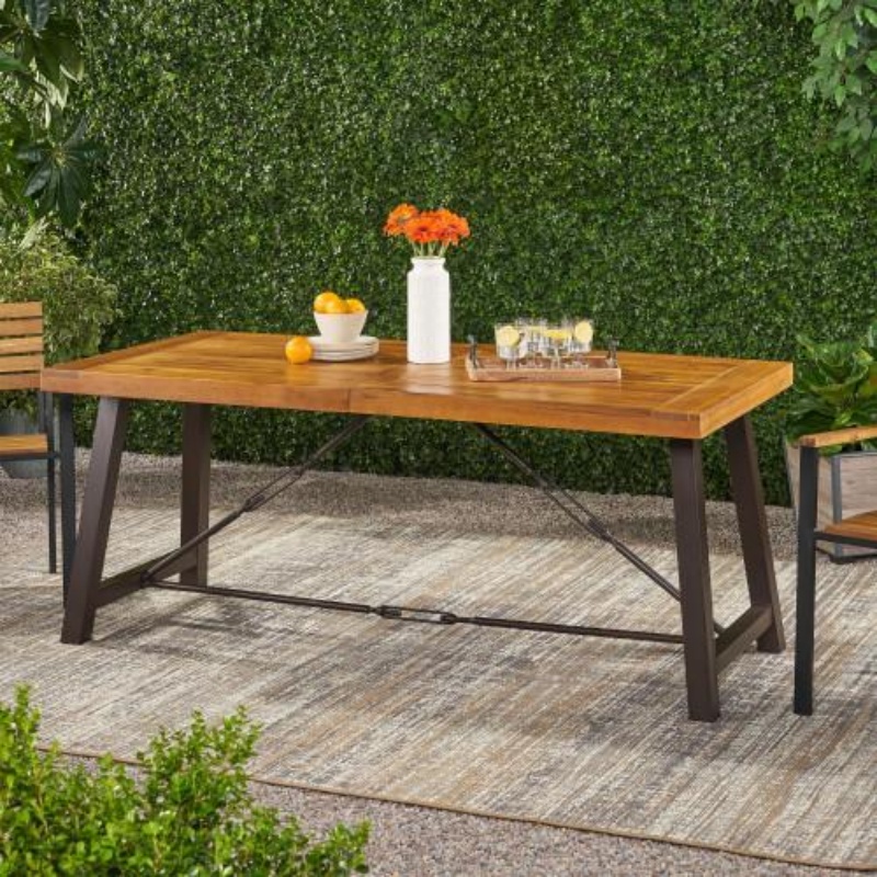 Outdoor Lovewood Metal Base Dining Table, Teak Wood - Image 9