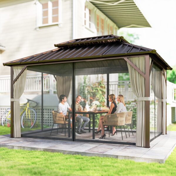10 x 14 Hardtop Gazebo with Double Galvanized Steel Roof Canopy, Aluminum Frame Permanent Gazebo, Brown