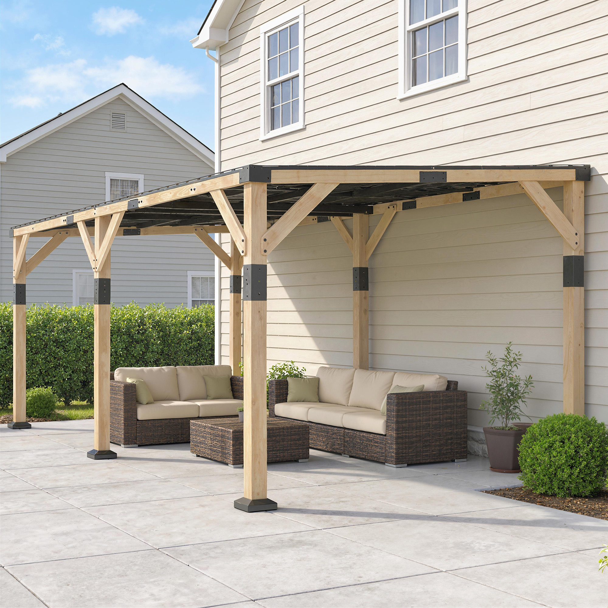 10 x 20 Wooden Gazebo, Hardtop Lean-to Gazebo Pergola with Galvanized Steel Sloped Roof, Light Walnut - Image 3