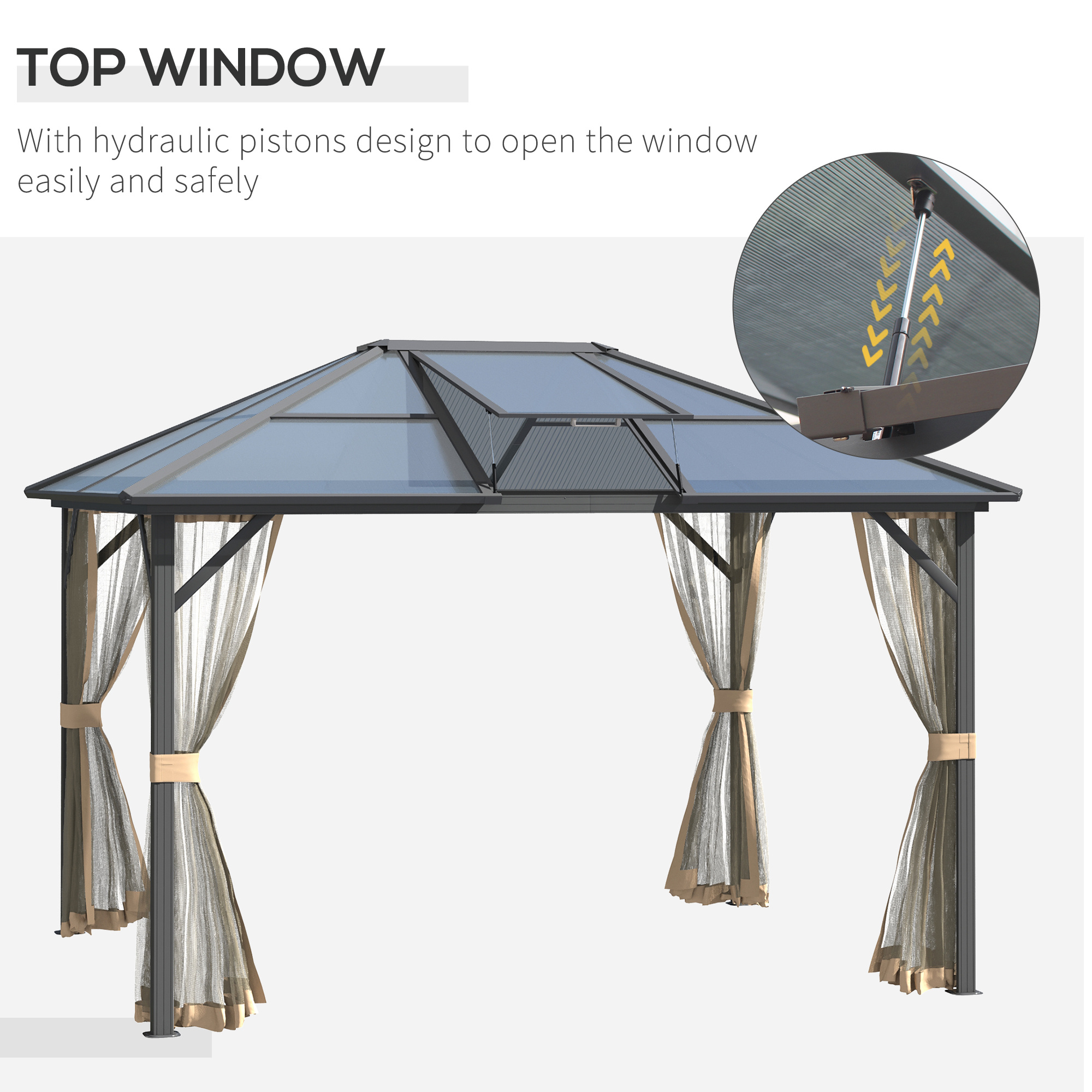 10 x 12 Hardtop Gazebo Canopy with Polycarbonate Roof, Aluminum Frame, Permanent Pavilion Outdoor Gazebo with Netting, for Patio, Garden, Backyard, Deck, Lawn, Gray, Brown - Image 8