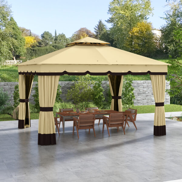 10 x 12 Double Roof Patio Gazebo Canopy, Outdoor Gazebo Shelter with Netting & Curtains, for Garden, Lawn and Deck