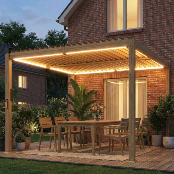 10 x 10 Louvered Pergola with Solar LED lights, Metal Roof, Outdoor Pergola Patio Gazebo with Drainage Gutters, Brown
