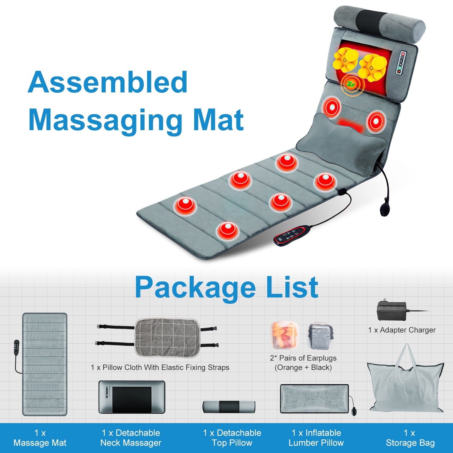 Advanced Version Full Body Electric Massage Mat With Heat Vibration Massage Pad Cushion With Neck Massager Lumbar Pillow With 10 Vibration Motors 3 Timers Anti-Slip Bottom Earplugs - Image 3