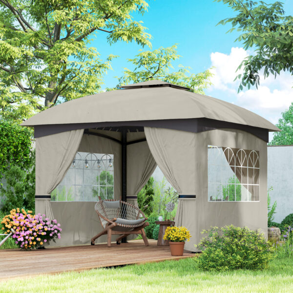 11 x 11 Outdoor Gazebo, Double Roof Patio Gazebo with Curtains, Church Windows, Galvanized Steel Frame, Light Gray