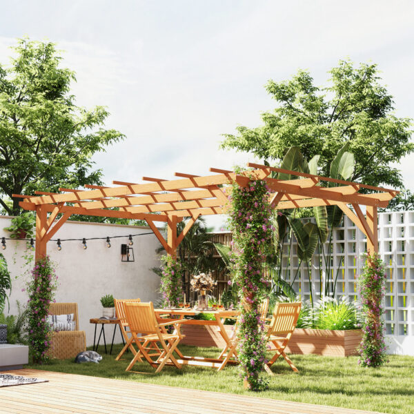 10 x 13 Wood Pergola, Outdoor Gazebo Grape Trellis with Stable Structure for Climbing Plant Support, Dark Brown