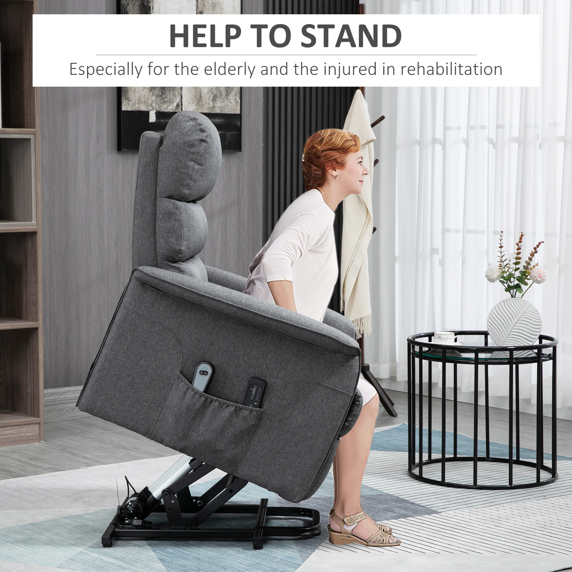 Power Lift Chair with Vibration Massage, Fabric Upholstered Recliner Chair for Elderly with Remote Control, Side Pockets, Grey - Image 6