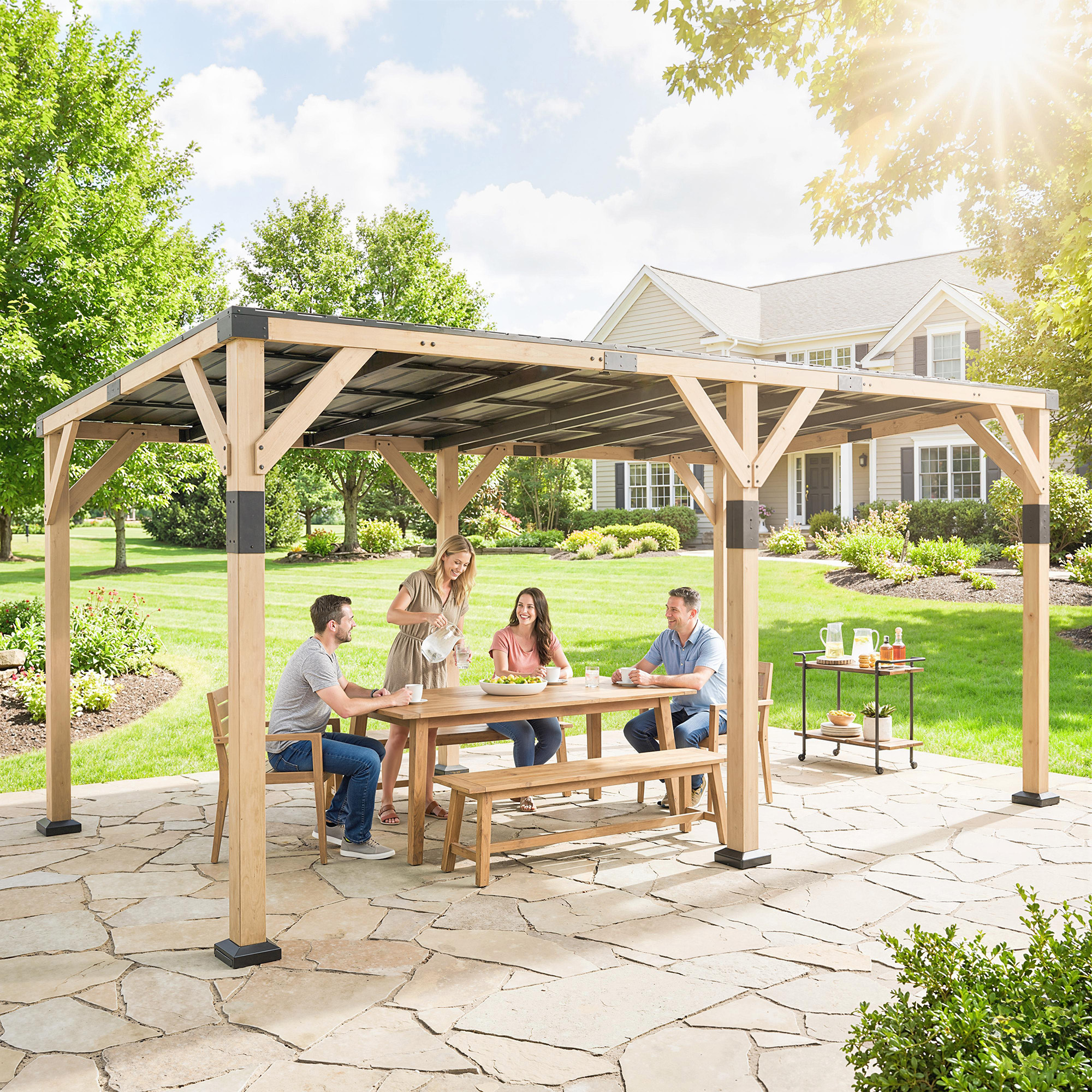 10 x 20 Wooden Gazebo, Hardtop Lean-to Gazebo Pergola with Galvanized Steel Sloped Roof, Light Walnut - Image 7