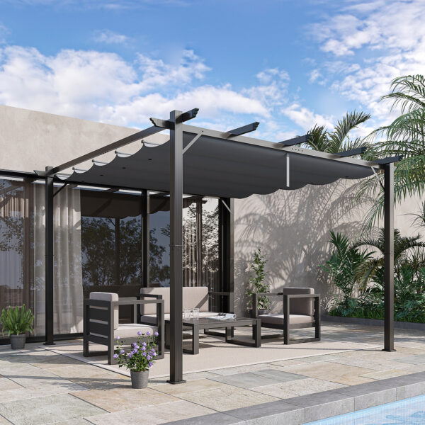 10 x 10 Outdoor Retractable Pergola Canopy, Aluminum Patio Pergola, Backyard Shade Shelter for Garden & Parties, Gray