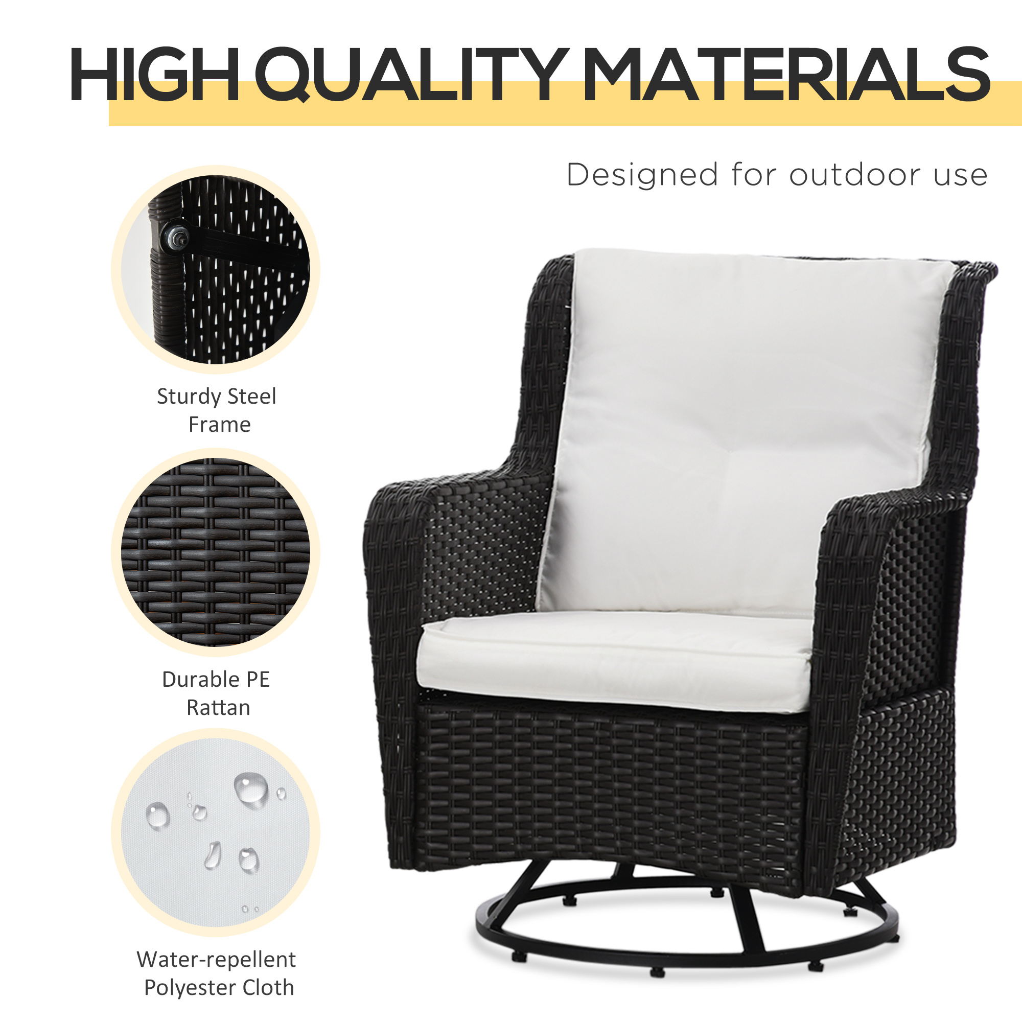 Patio Bistro Set, Porch Furniture with 360° Rotation & Rocking Function, 28.25"x30.75"x36.25", Cream White - Image 3