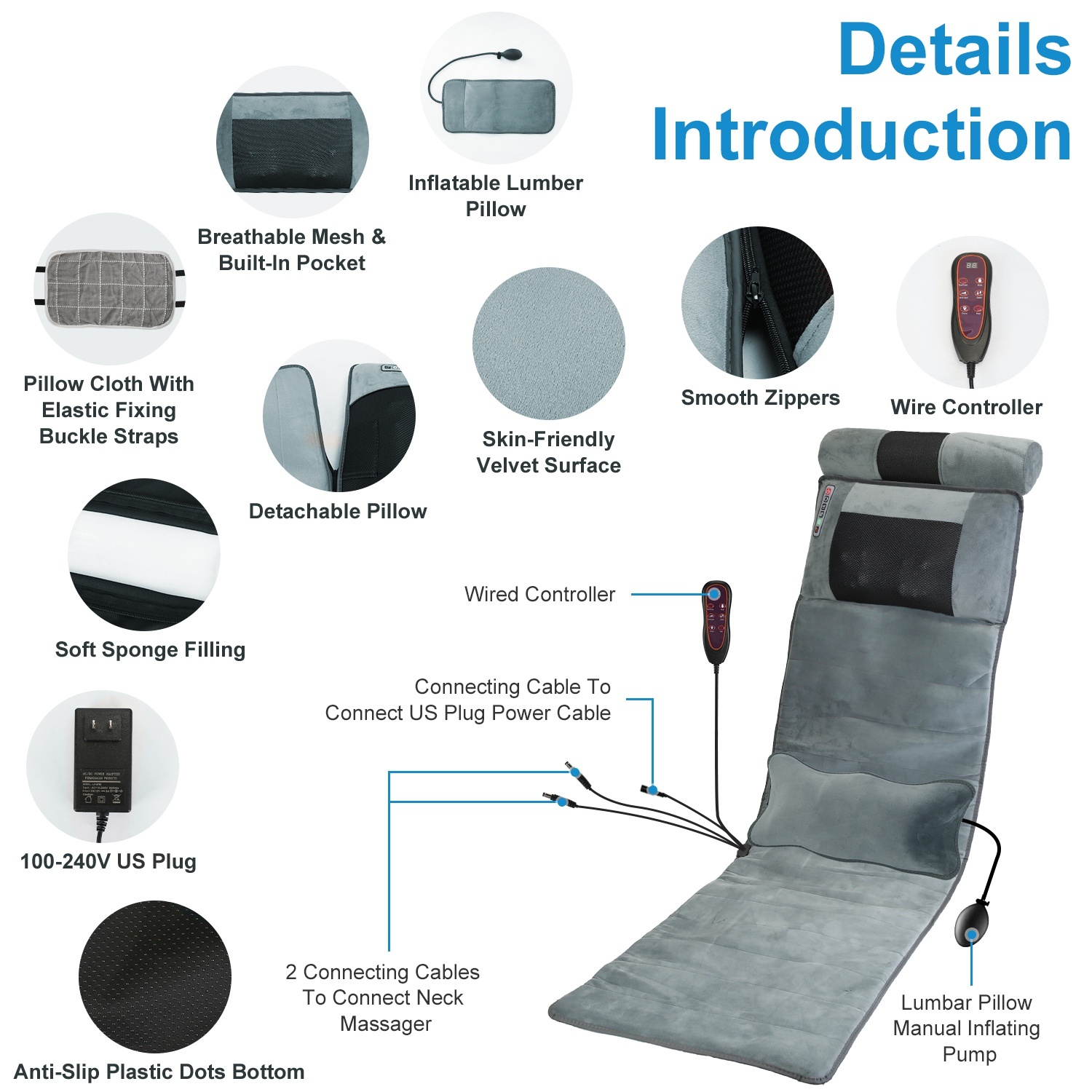 Advanced Version Full Body Electric Massage Mat With Heat Vibration Massage Pad Cushion With Neck Massager Lumbar Pillow With 10 Vibration Motors 3 Timers Anti-Slip Bottom Earplugs - Image 9