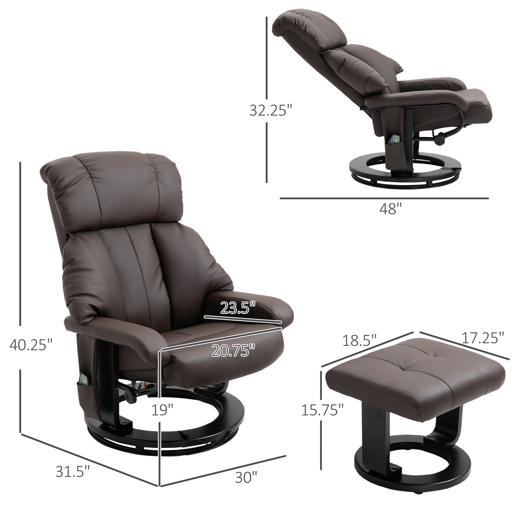 Recliner with Ottoman Footrest, Recliner Chair with Vibration Massage, Faux Leather and Swivel Wood Base for Living Room and Bedroom, Brown - Image 7