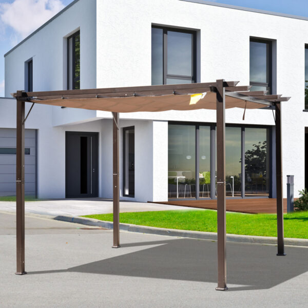 10 x 10 Outdoor Pergola Aluminum Gazebo w/ Retractable Canopy for Patio, Backyard, Party, Brown