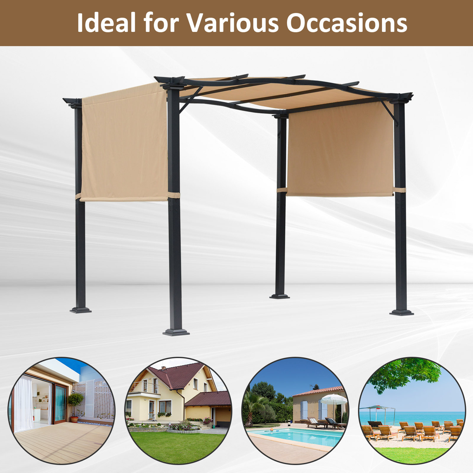8 x 10 Retractable Pergola Canopy Steel Frame Polyester Fabric Gazebo with Top Cover, Retractable Canopy Shade Awning - Image 5