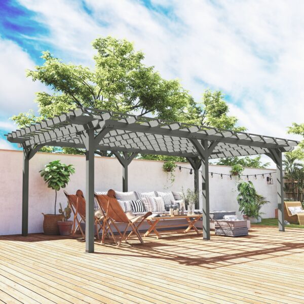 12 x 20 Outdoor Pergola, Wood Gazebo Grape Trellis with Stable Structure for Climbing Plant Support, Gray