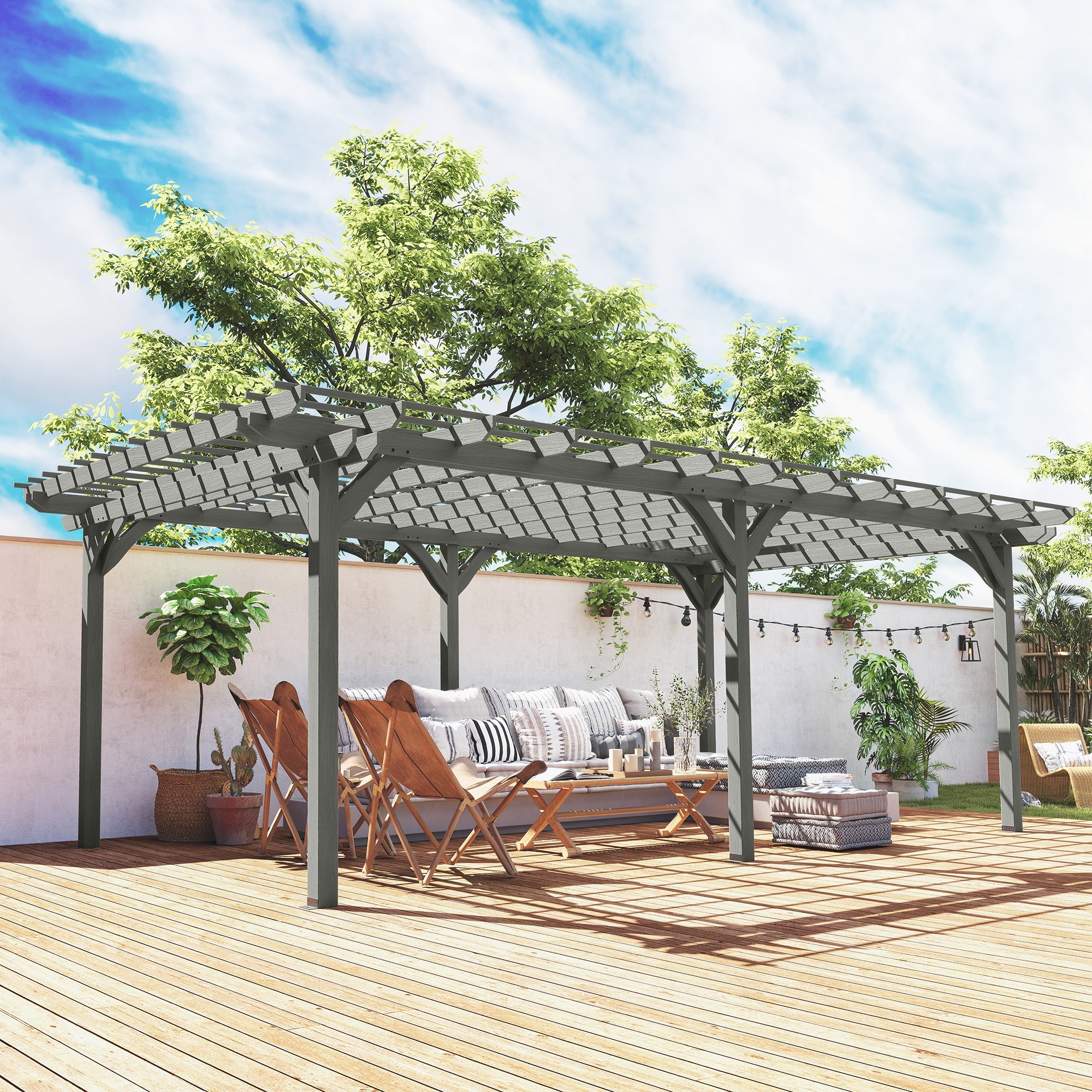 12 x 20 Outdoor Pergola, Wood Gazebo Grape Trellis with Stable Structure for Climbing Plant Support, Gray