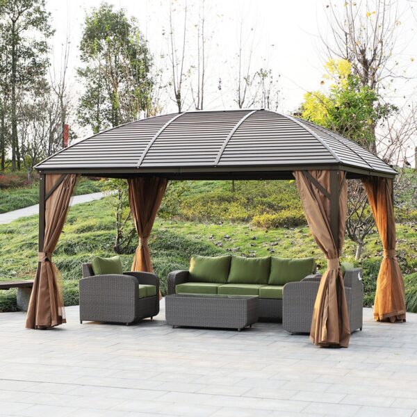 10 x 13 Hardtop Gazebo with Curtains, Netting, Pavilion with Steel Roof Ceiling Hook for Garden Patio, Brown