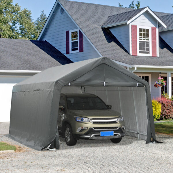 12 x 20 Carport Portable Garage, Heavy Duty Storage Tent, Patio Storage Shelter w/ Anti-UV PE Cover and Double Zipper Doors, for Motorcycle Bike Garden Tools, Gray