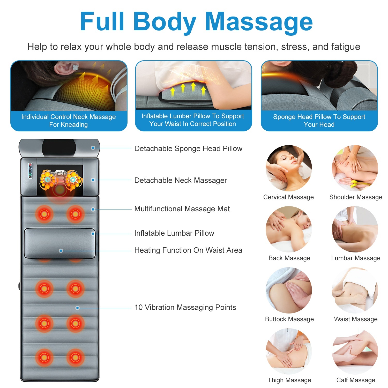 Advanced Version Full Body Electric Massage Mat With Heat Vibration Massage Pad Cushion With Neck Massager Lumbar Pillow With 10 Vibration Motors 3 Timers Anti-Slip Bottom Earplugs - Image 2