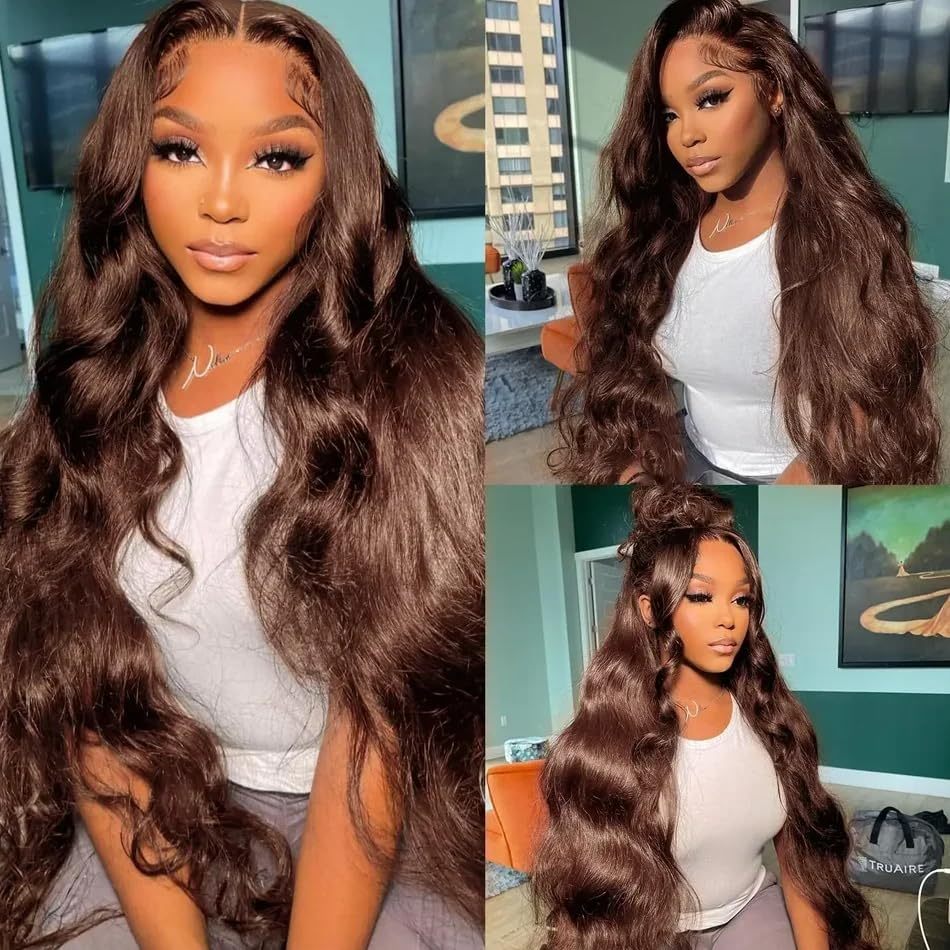 Chocolate Brown 13x4 Lace Front Wig Human Hair Color 4 Body Wave Density - Image 3