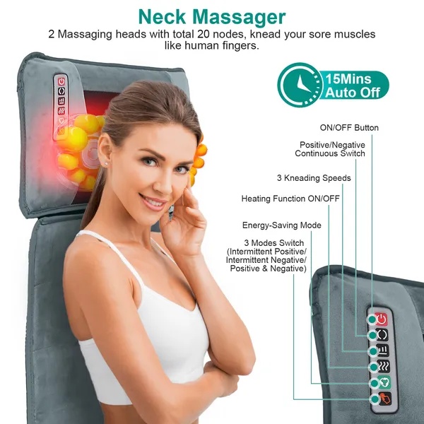 Full Body Massage Mat With Neck Kneading Massager - 10 Targeted Points & 3-Level Lumbar Heating, 9 Vibration Modes&9 Speeds, 20-Node Neck Massage -Heating & 3 Modes, 10-30min Smart Timer, Anti-Slip B - Image 2