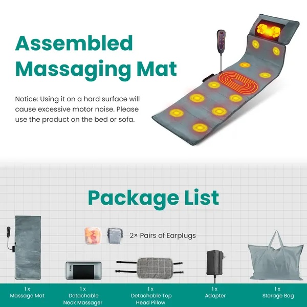 Full Body Massage Mat With Neck Kneading Massager - 10 Targeted Points & 3-Level Lumbar Heating, 9 Vibration Modes&9 Speeds, 20-Node Neck Massage -Heating & 3 Modes, 10-30min Smart Timer, Anti-Slip B - Image 3