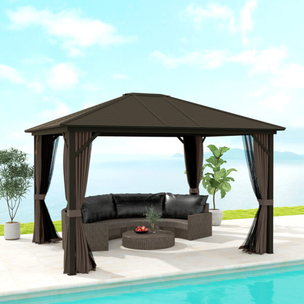 10 x 12 Hardtop Gazebo with Curtains and Netting, Gazebo Canopy with Aluminum Frame and Hooks, Coffee