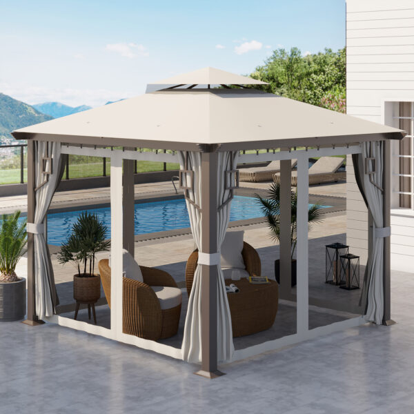 10 x 10 Patio Gazebo, Double Roof Outdoor Gazebo with Privacy Curtains, Mesh Netting, Aluminum Frame Outdoor Canopy Shelter, Cream White