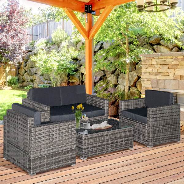 4 Piece Wicker Patio Furniture Set with Cushions, Outdoor Sectional Furniture with 2 Sofa, Loveseat, and Glass Top Coffee Table, Conversation Sofa Sets for Garden, Black