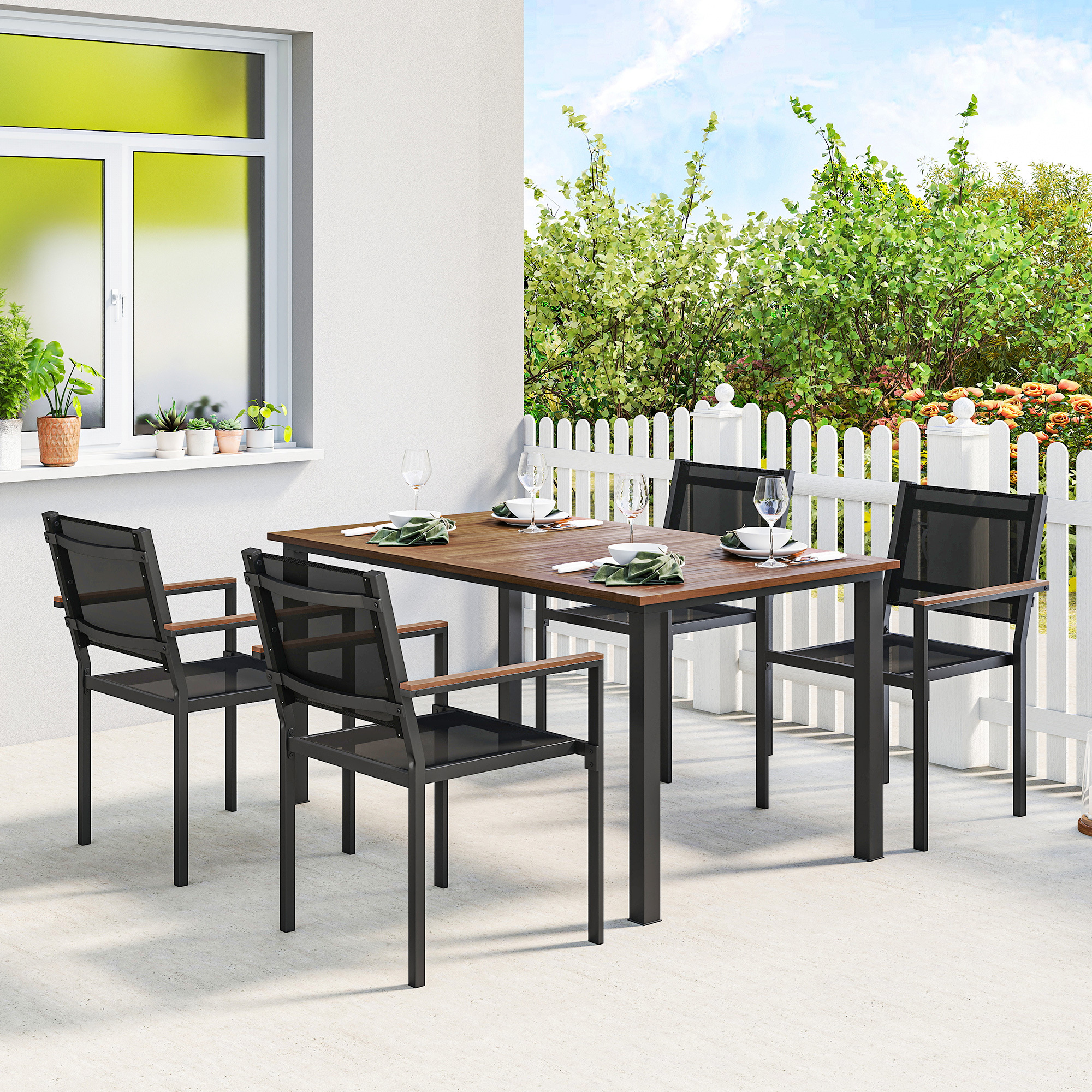 Outdoor Dining Set for 4, Patio Table and Chairs Set with 59" Rectangle Acacia Wood Table and 352 LBS Stackable Chairs - Image 5