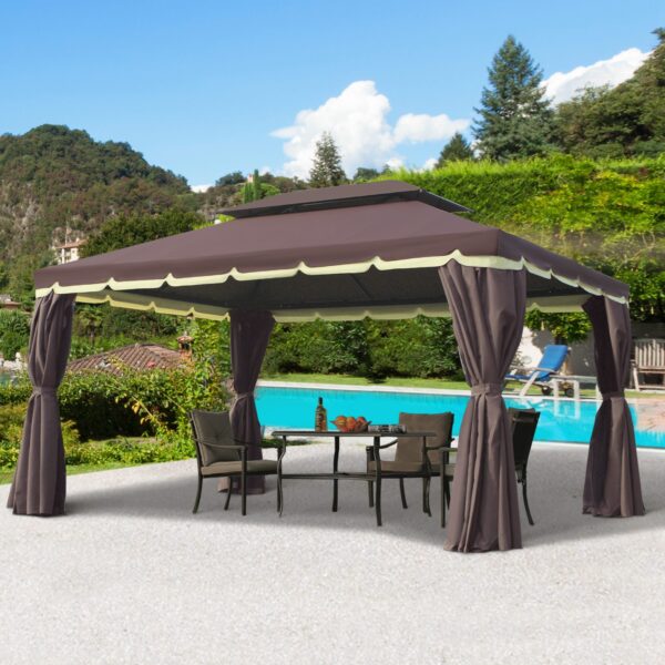 10 x 13 Patio Gazebo, Aluminum Frame Double Roof Outdoor Gazebo Canopy Shelter with Netting & Curtains, Coffee