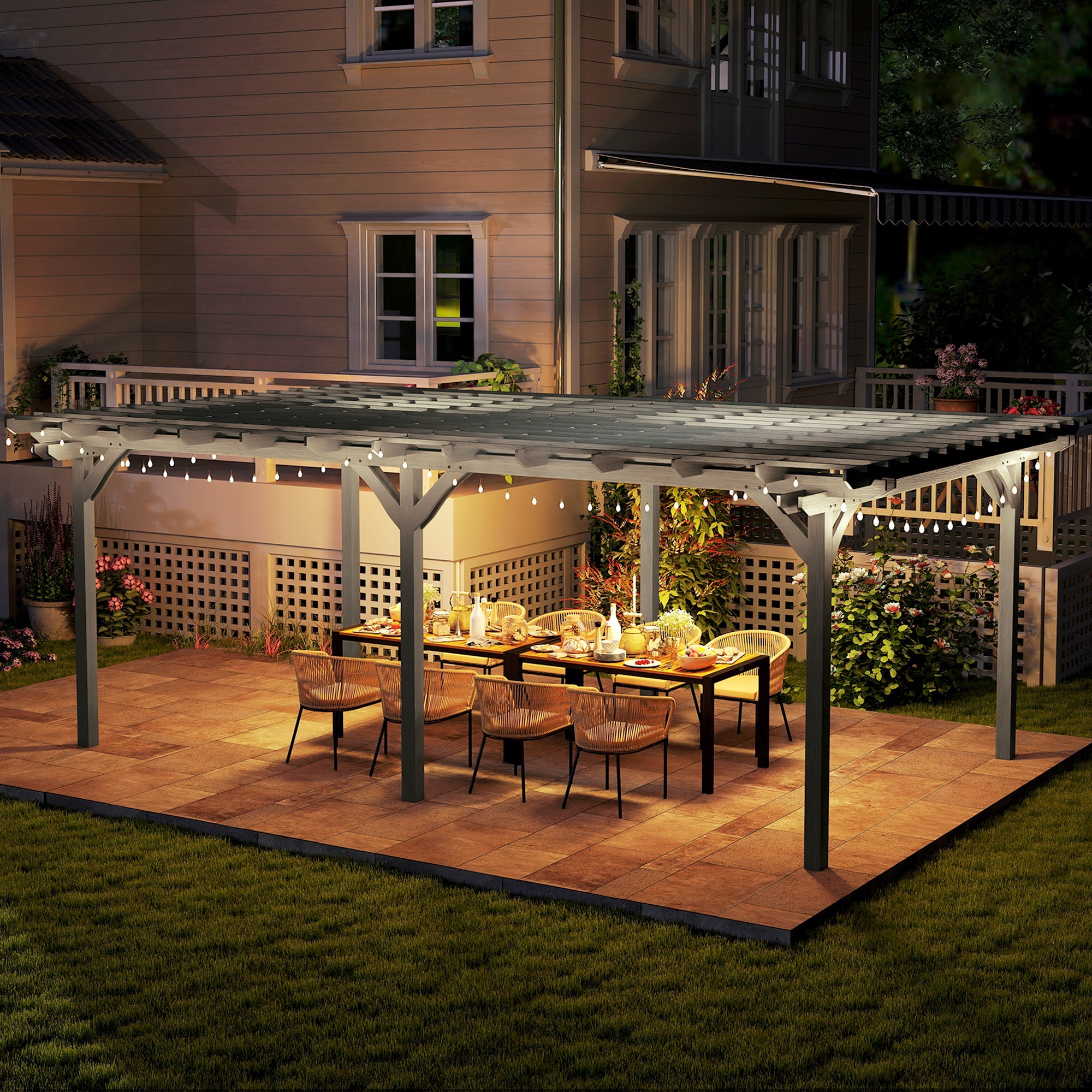 12 x 20 Outdoor Pergola, Wood Gazebo Grape Trellis with Stable Structure for Climbing Plant Support, Gray - Image 3