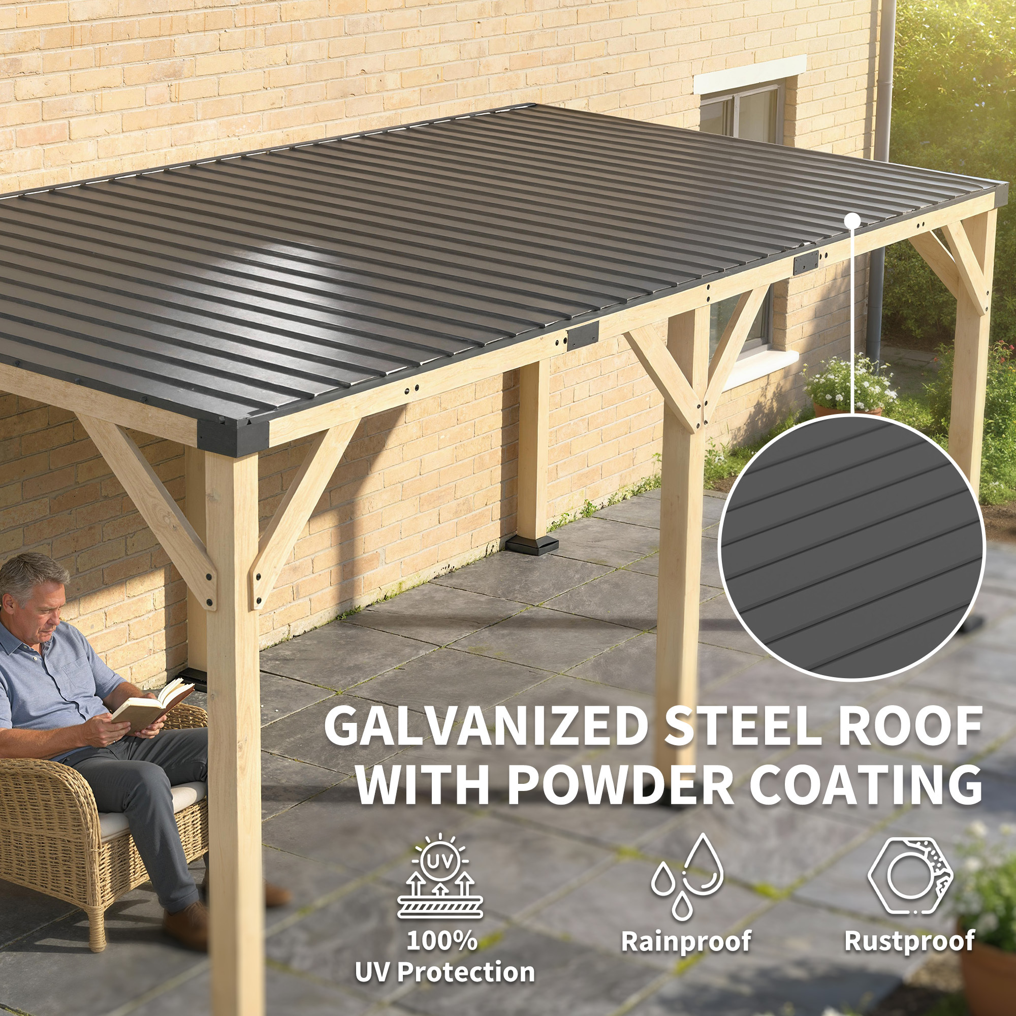 10 x 20 Wooden Gazebo, Hardtop Lean-to Gazebo Pergola with Galvanized Steel Sloped Roof, Light Walnut - Image 8