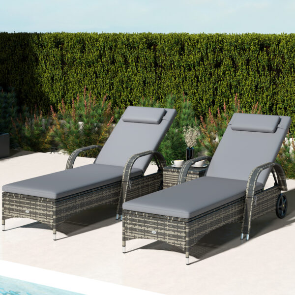 Patio Wicker Chaise Lounge Chair Set of 2 with Table, Adjustable Backrest, Wheels, Cushion & Headrest, Gray