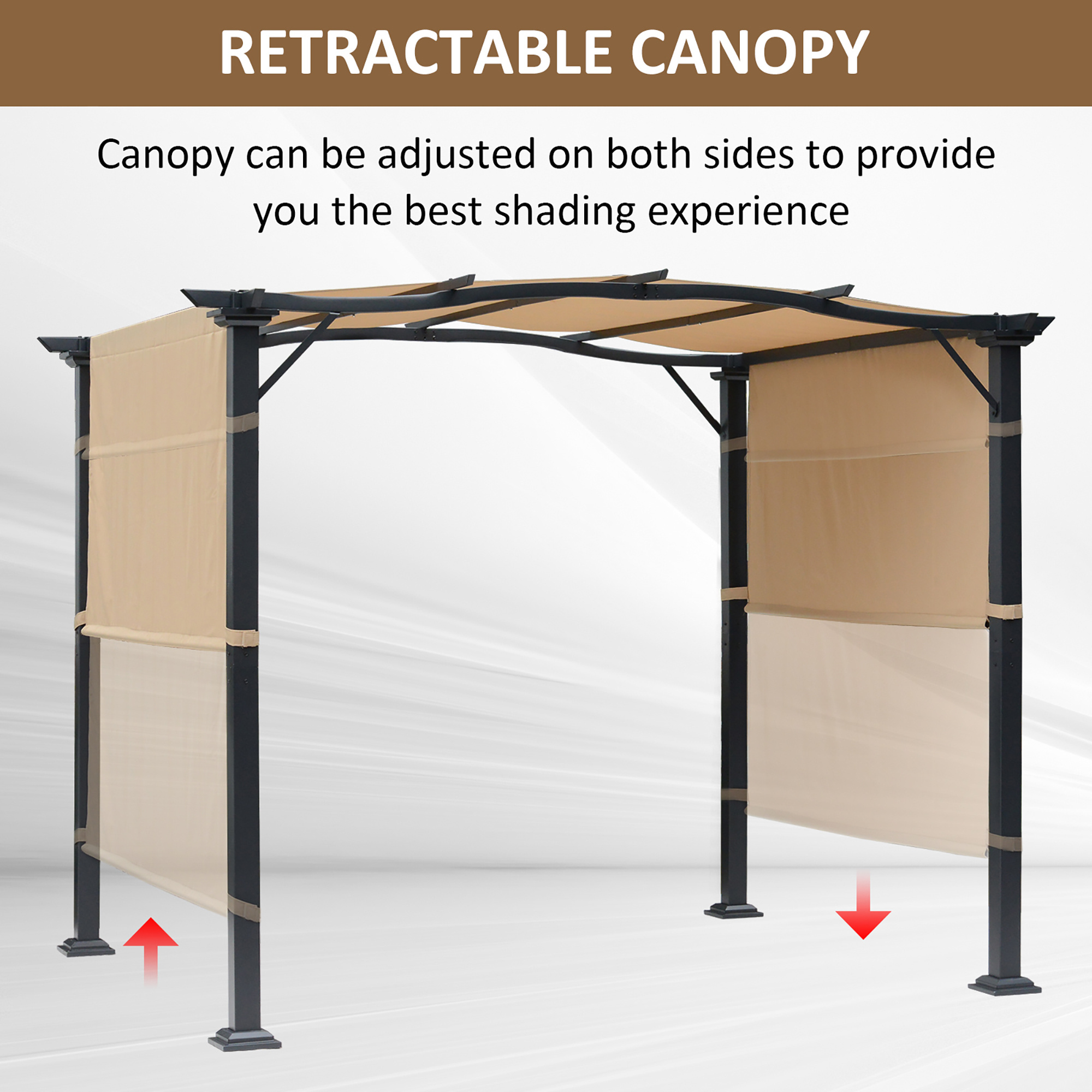 8 x 10 Retractable Pergola Canopy Steel Frame Polyester Fabric Gazebo with Top Cover, Retractable Canopy Shade Awning - Image 4